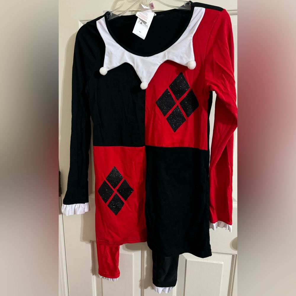 Women's Halloween Harlequin Costume with Jester Headband and Mask Size Medium